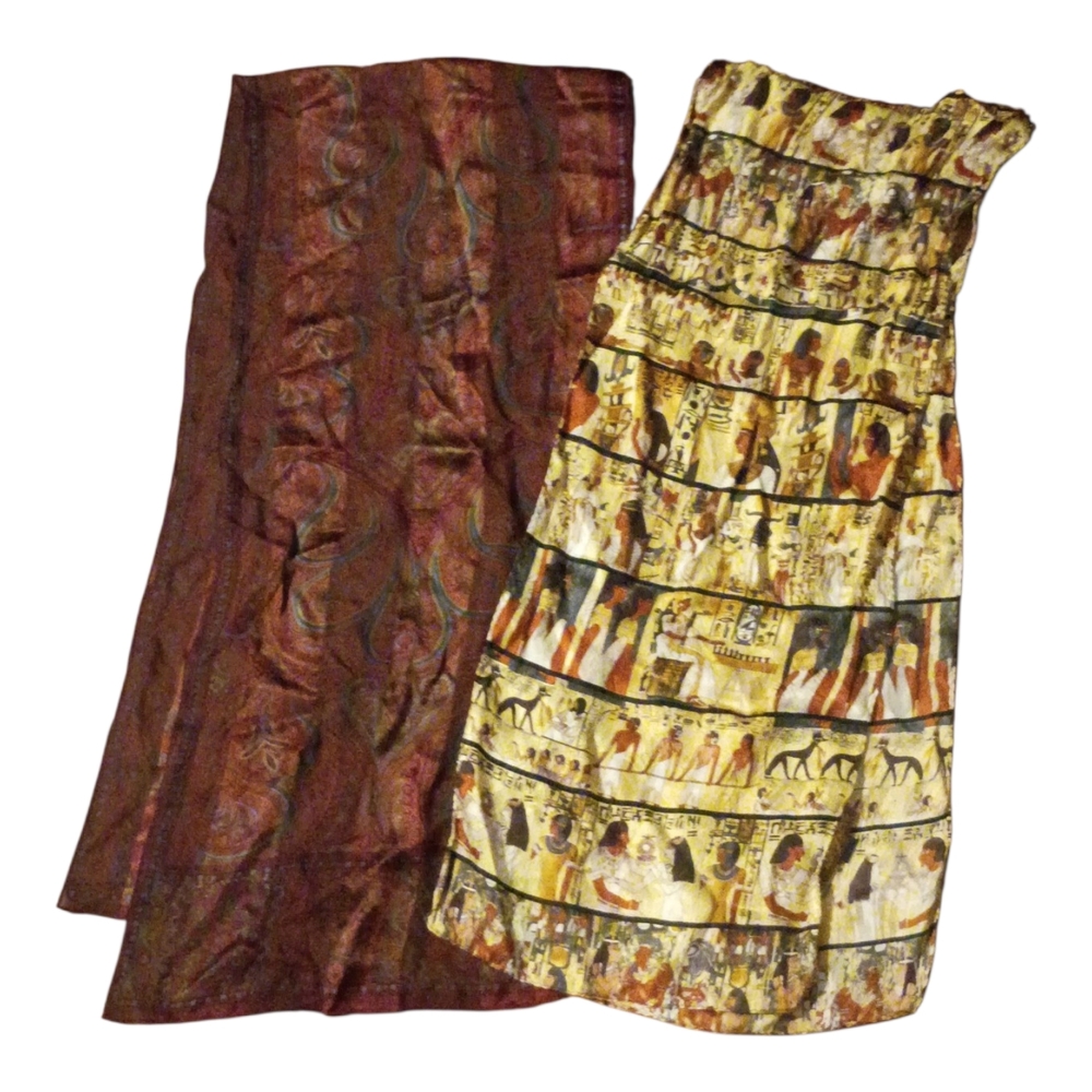 Gold Printed Egyptian Motif Wrap Skirt with Burgundy Shawl